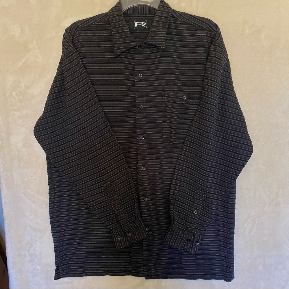 R2 Black Striped Casual Button Down Shirt Long Sleeve Rayon/Polyester Sz S